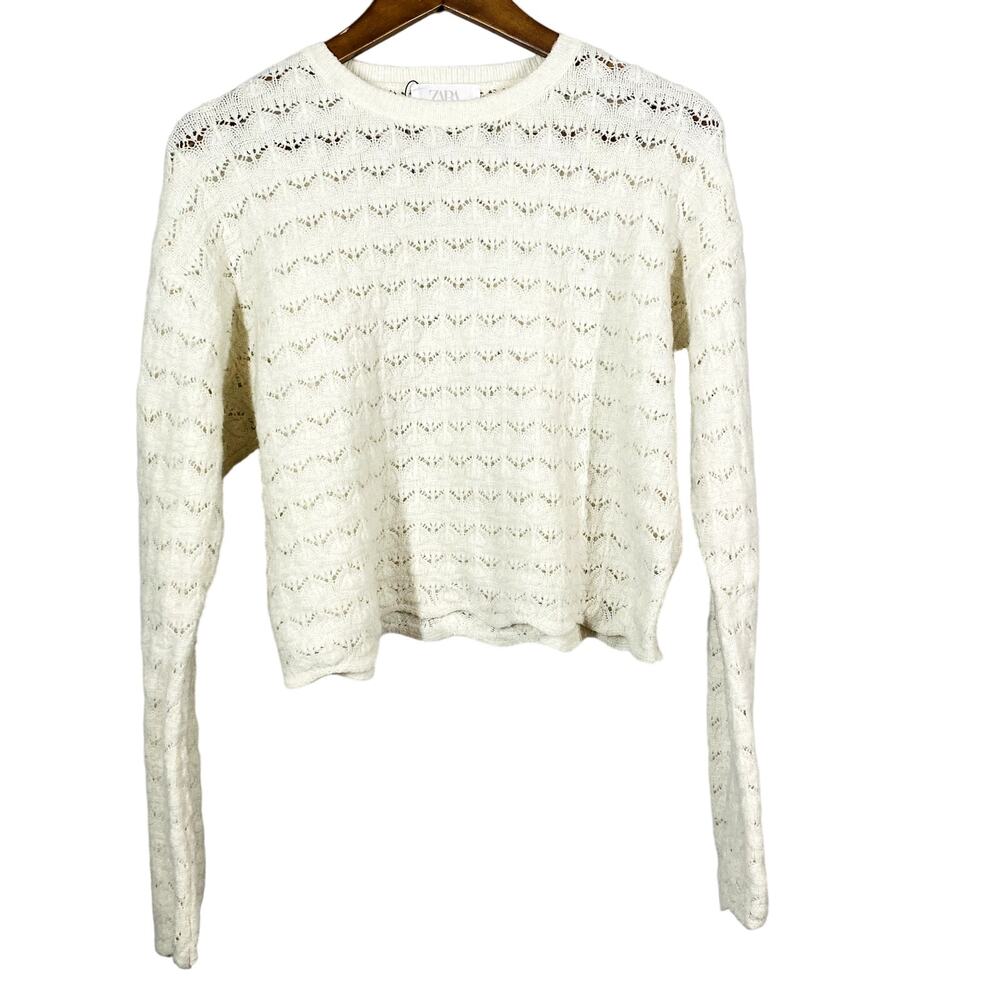 NEW! Zara Open Knit Crop Sweater Long Sleeve Ivory Casual Soft - 14